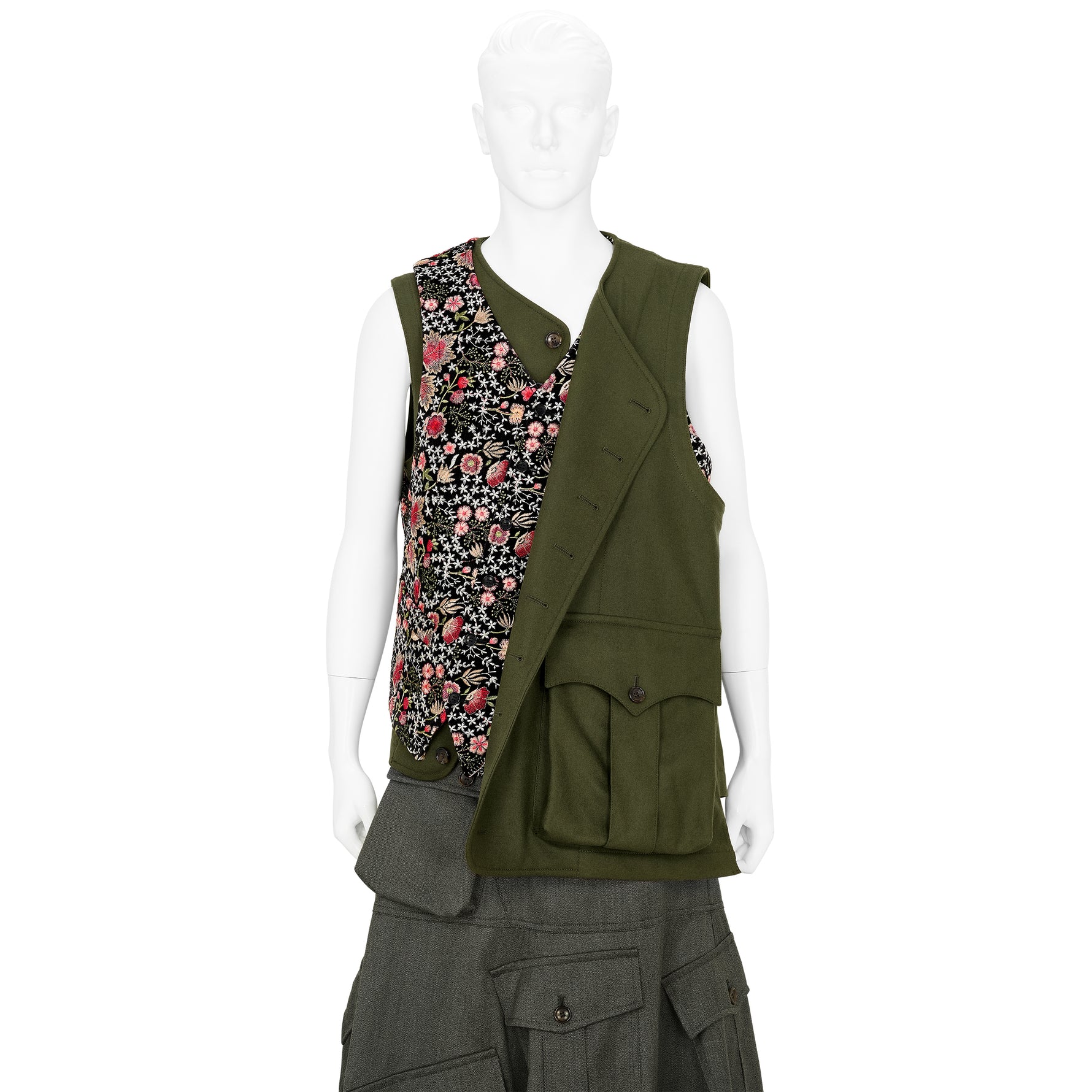 FLOWER EMBROIDERY VEST OLIVE
