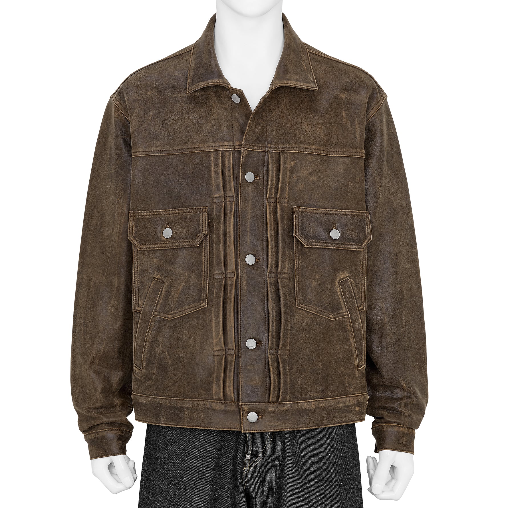 CRACKED LEATHER TRUCKER JACKET BROWN