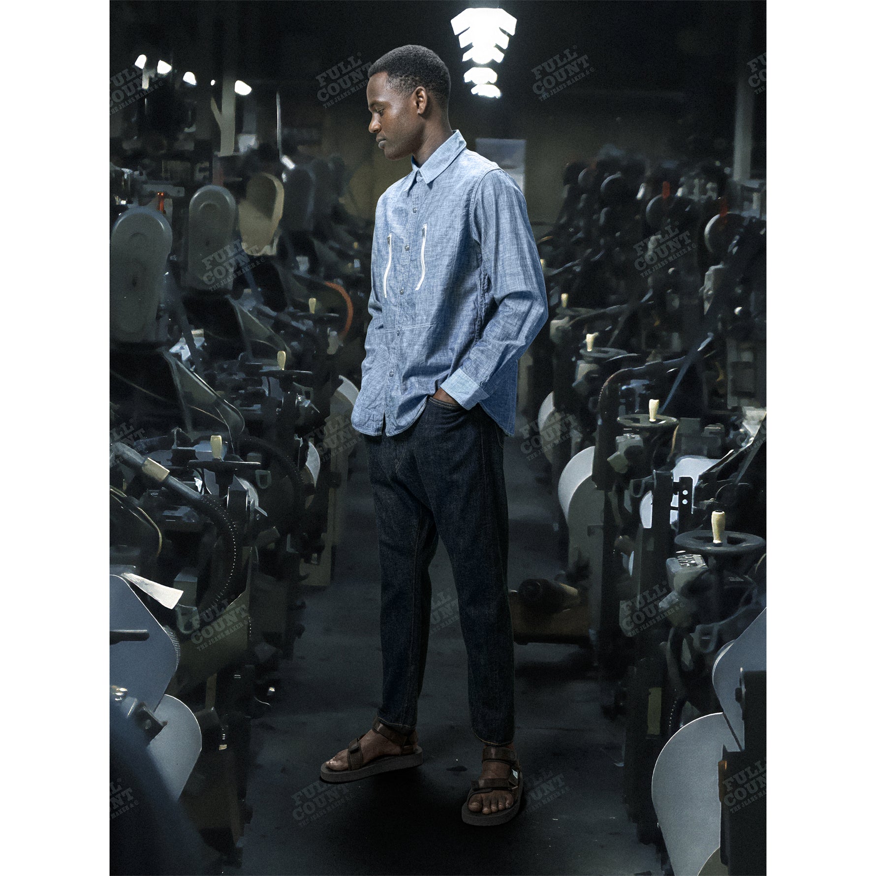 FULLCOUNT COLLABORATION WATTEAU GATHERED VENTILATED POCKET SHIRT LIGHT INDIGO