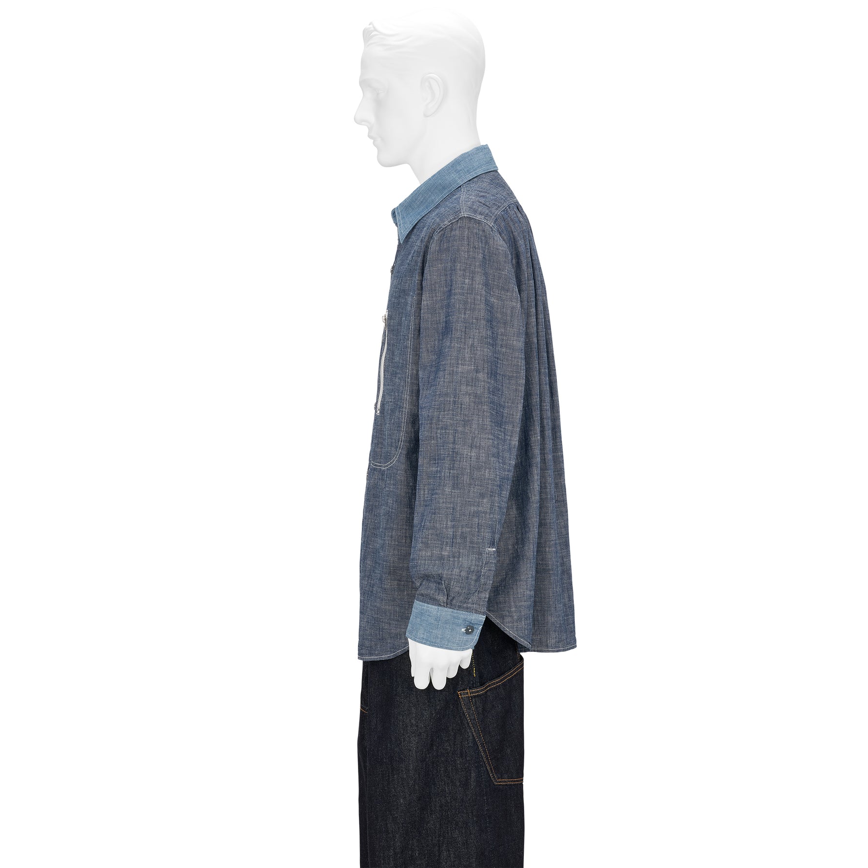 FULLCOUNT COLLABORATION WATTEAU GATHERED VENTILATED POCKET SHIRT LIGHT INDIGO