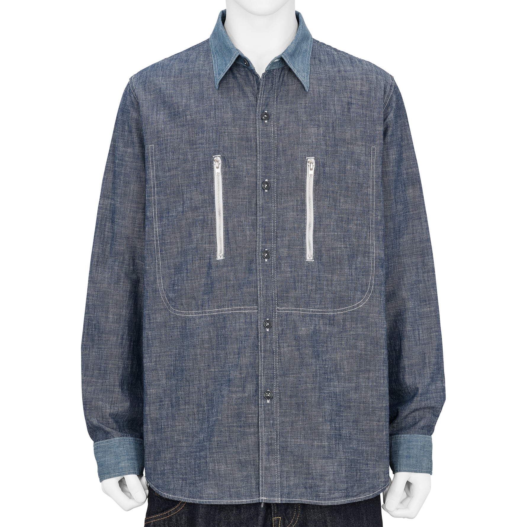 FULLCOUNT COLLABORATION WATTEAU GATHERED VENTILATED POCKET SHIRT LIGHT INDIGO