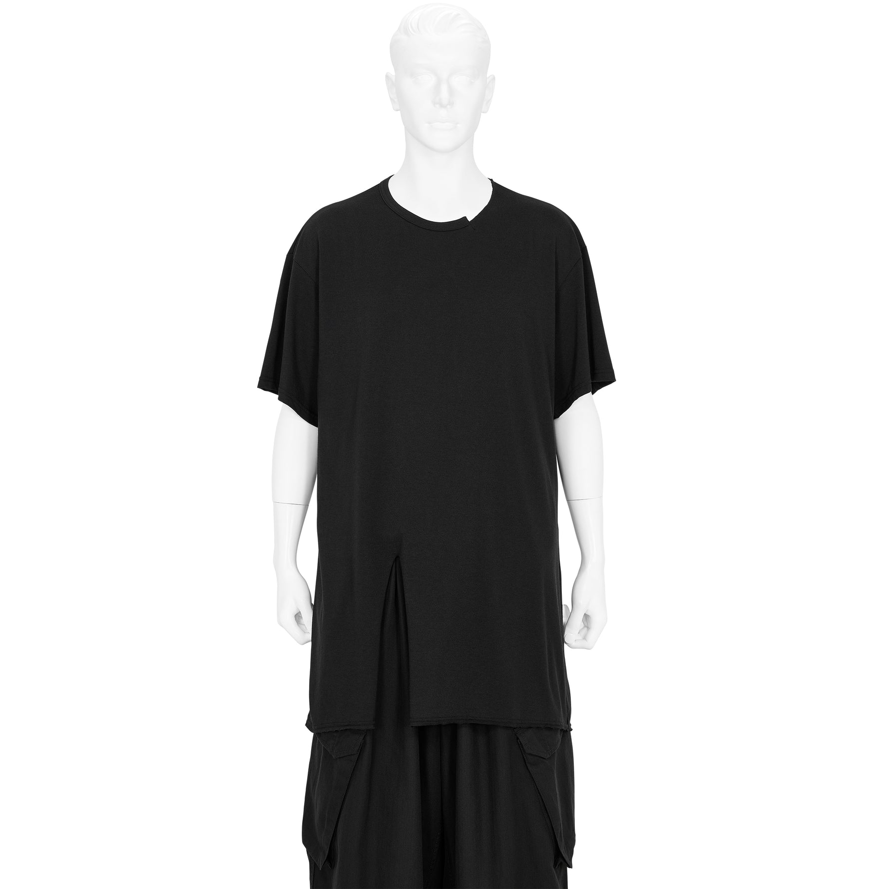 WOOL MIX SINGLE JERSEY SLIT ROUND NECK TEE BLACK