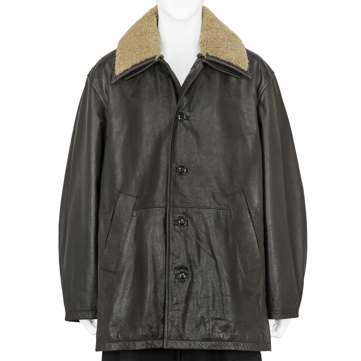 SHEARLING COLLAR LEATHER CAR COAT BROWN