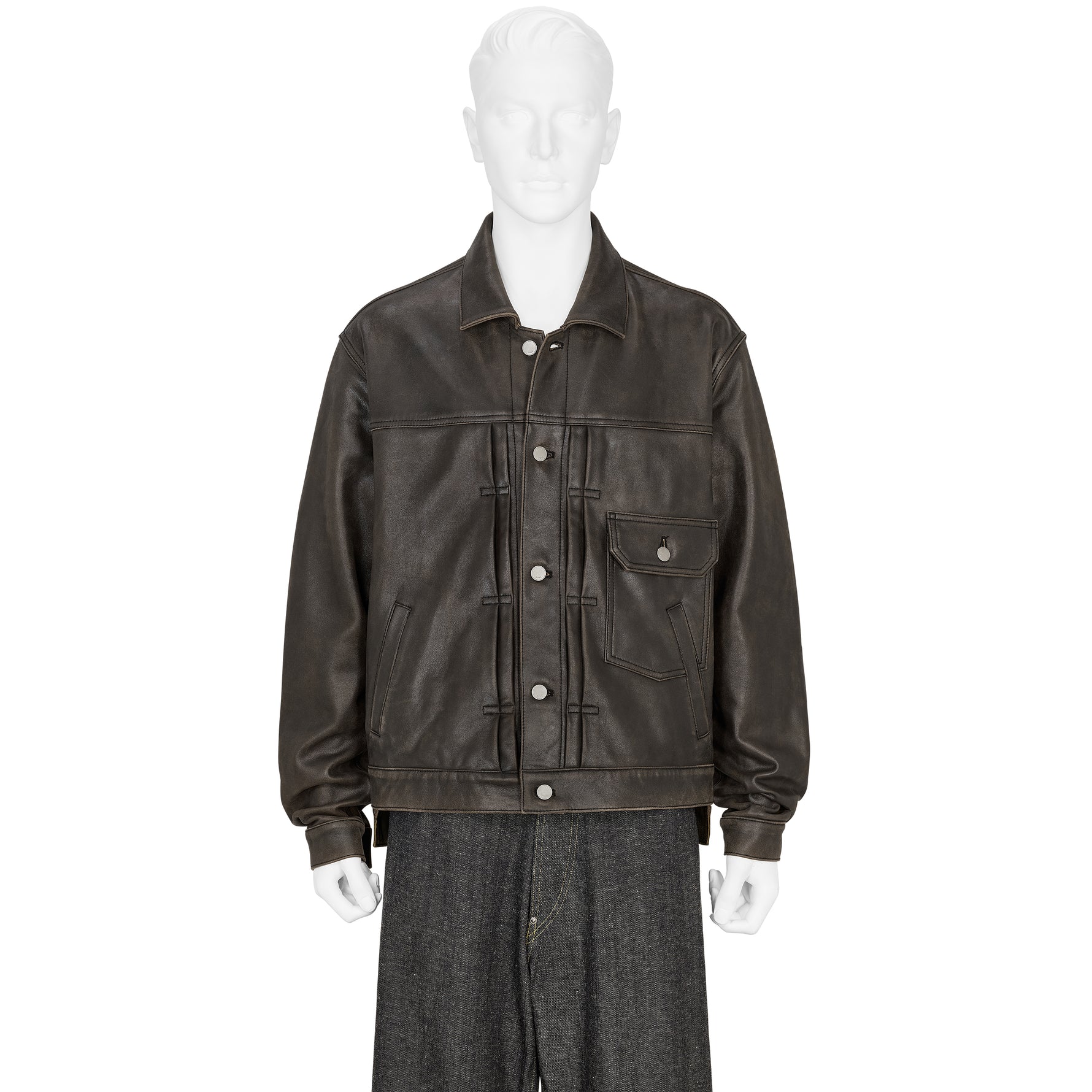 COLLABORATE CRACKED LEATHER DOCKING TRUCKER JACKET BROWN BLACK