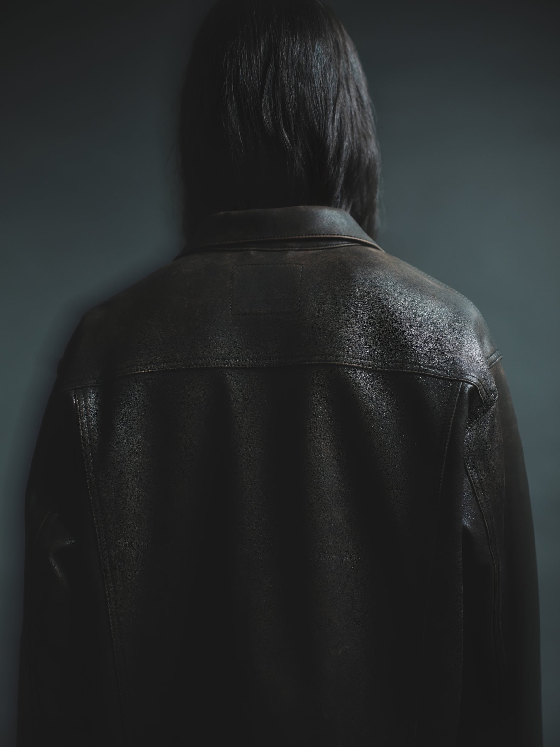 COLLABORATE CRACKED LEATHER DOCKING TRUCKER JACKET BROWN BLACK