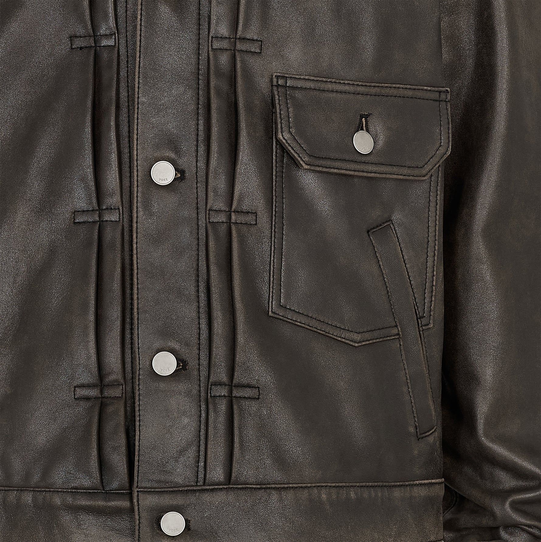 COLLABORATE CRACKED LEATHER DOCKING TRUCKER JACKET BROWN BLACK