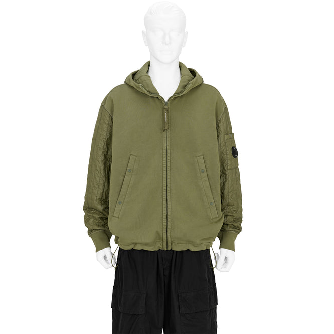 DIAGONAL RAISED FLEECE MIXED FULL ZIP HOODED SWEAT ELMWOOD GREEN