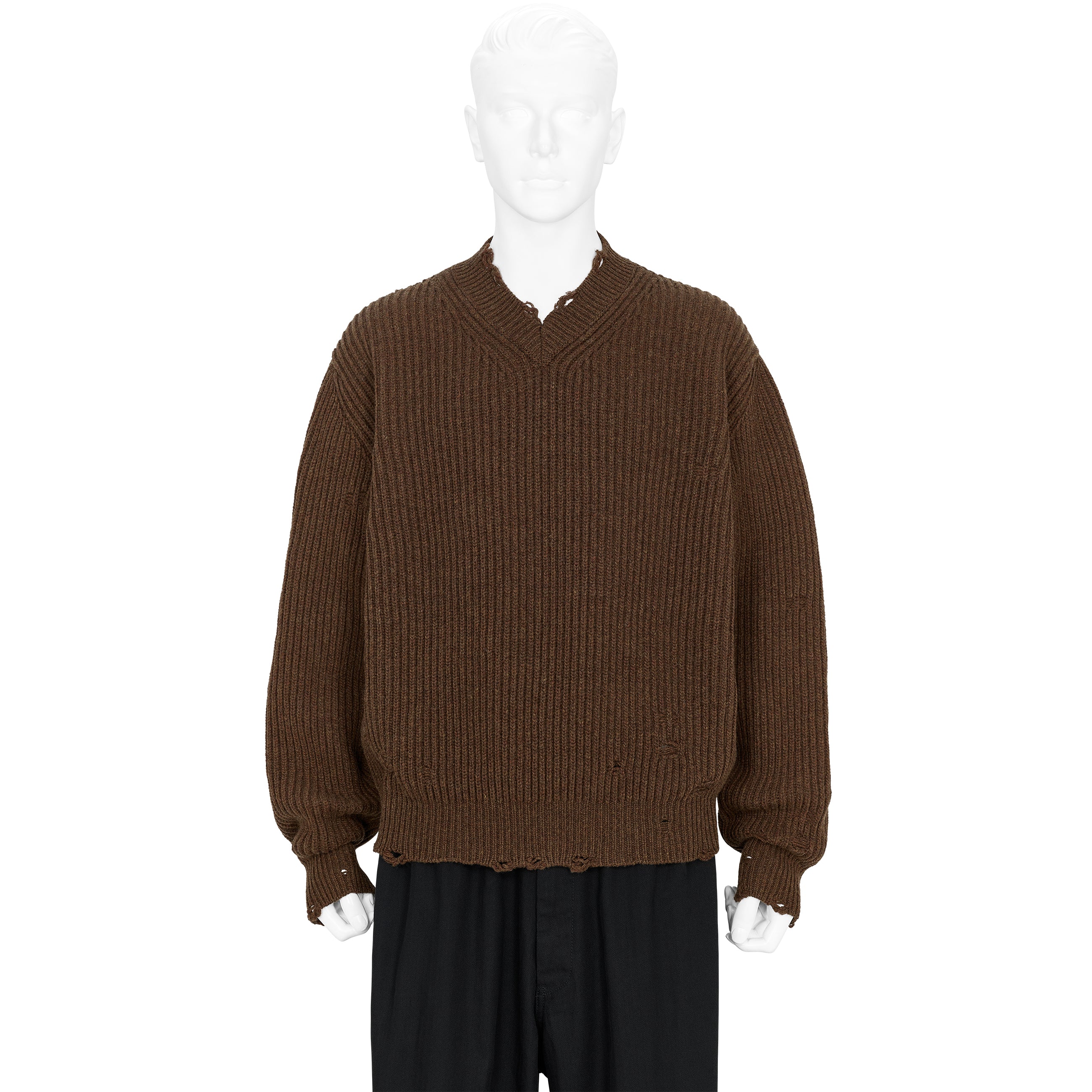 DAMAGED V NECK KNIT BROWN - MM6 MAISON MARGIELA(エムエムシックス