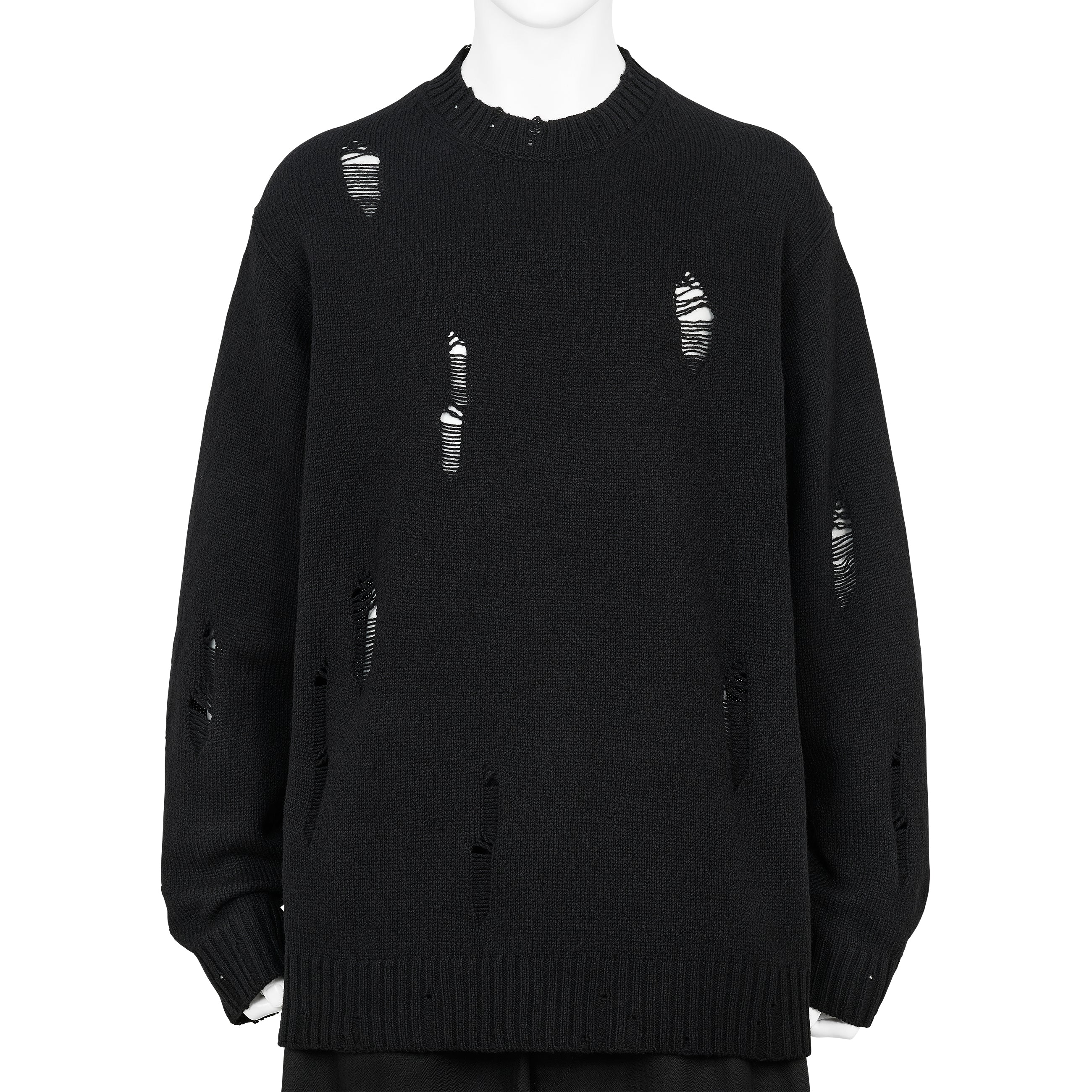 PLAIN STITCH CRASHED CREW NECK KNIT BLACK - Yohji Yamamoto POUR