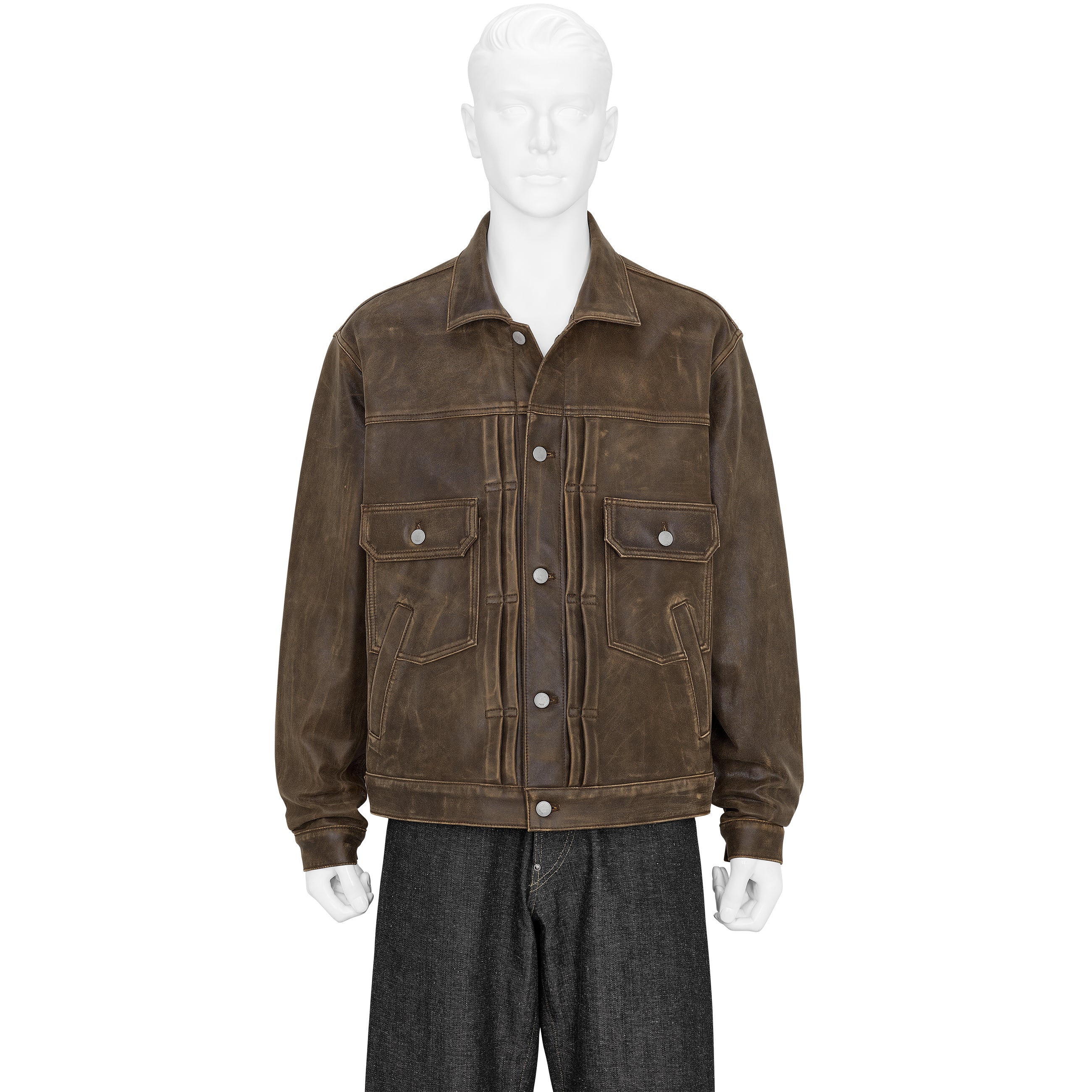 CRACKED LEATHER TRUCKER JACKET BROWN