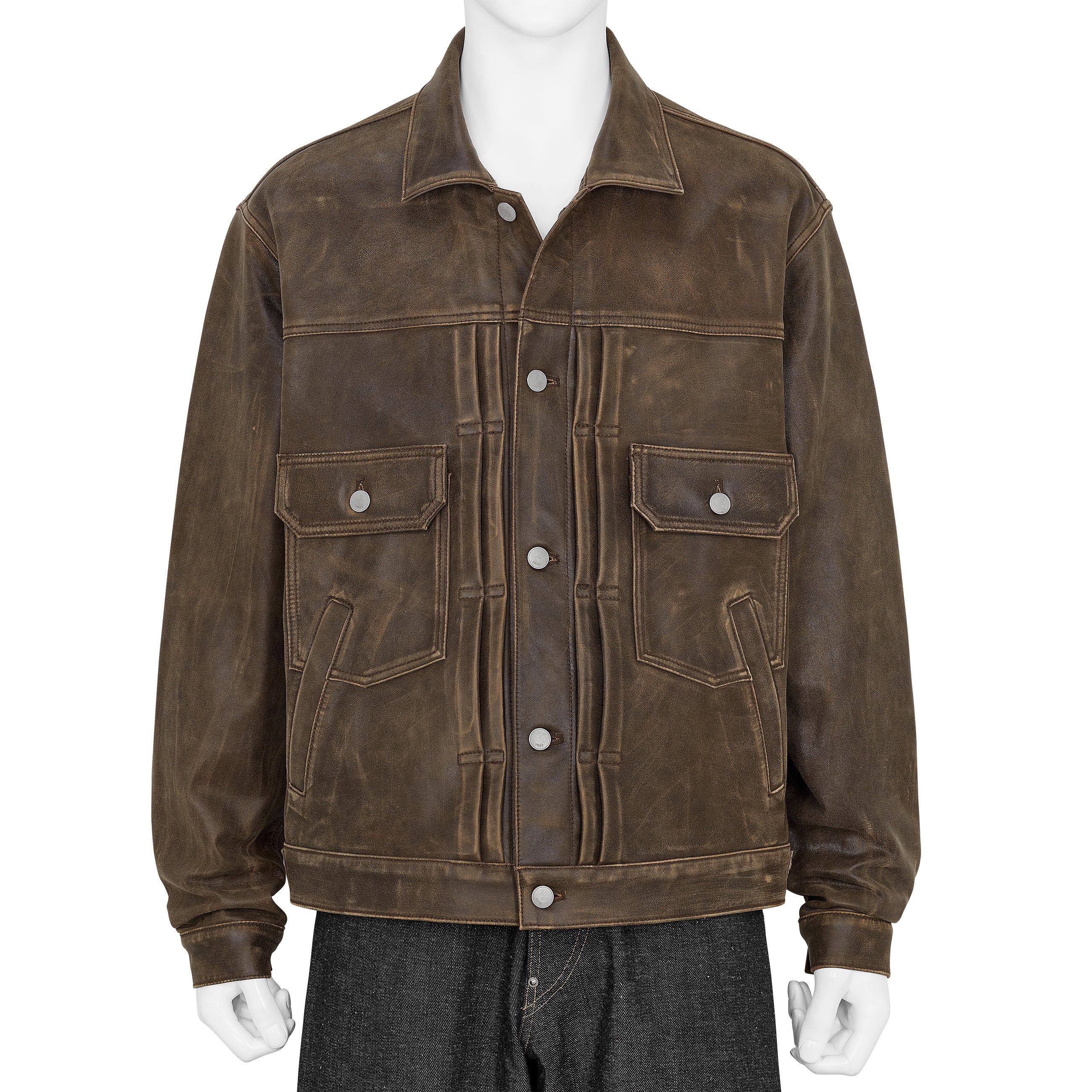 CRACKED LEATHER TRUCKER JACKET BROWN