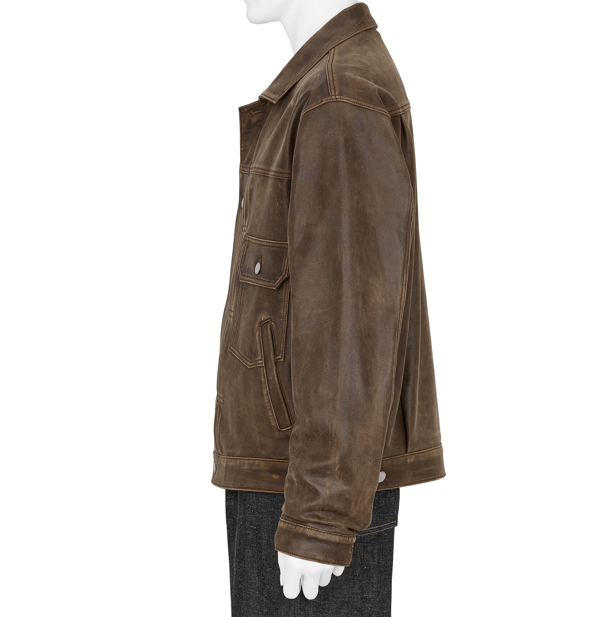 CRACKED LEATHER TRUCKER JACKET BROWN