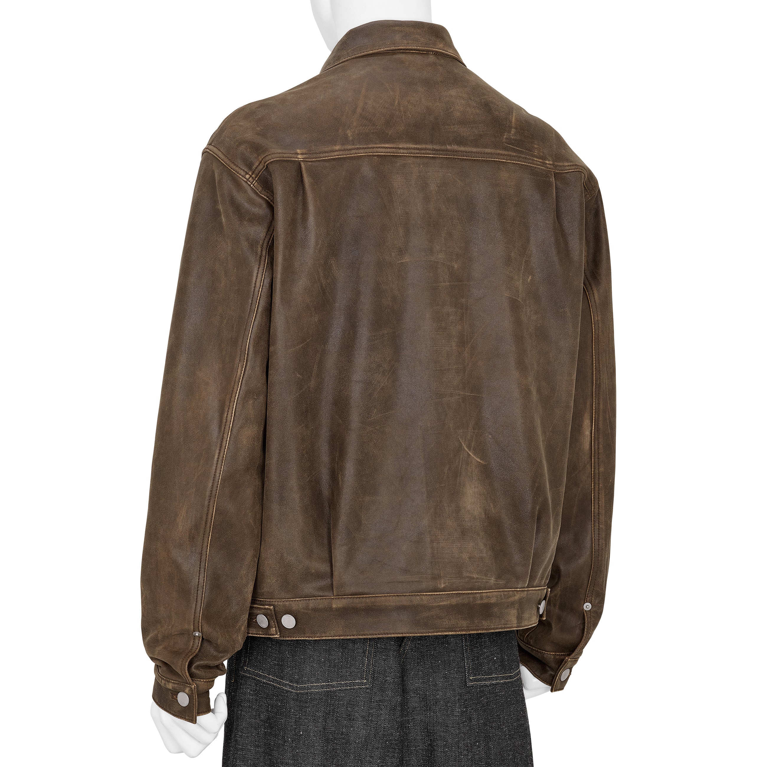 CRACKED LEATHER TRUCKER JACKET BROWN
