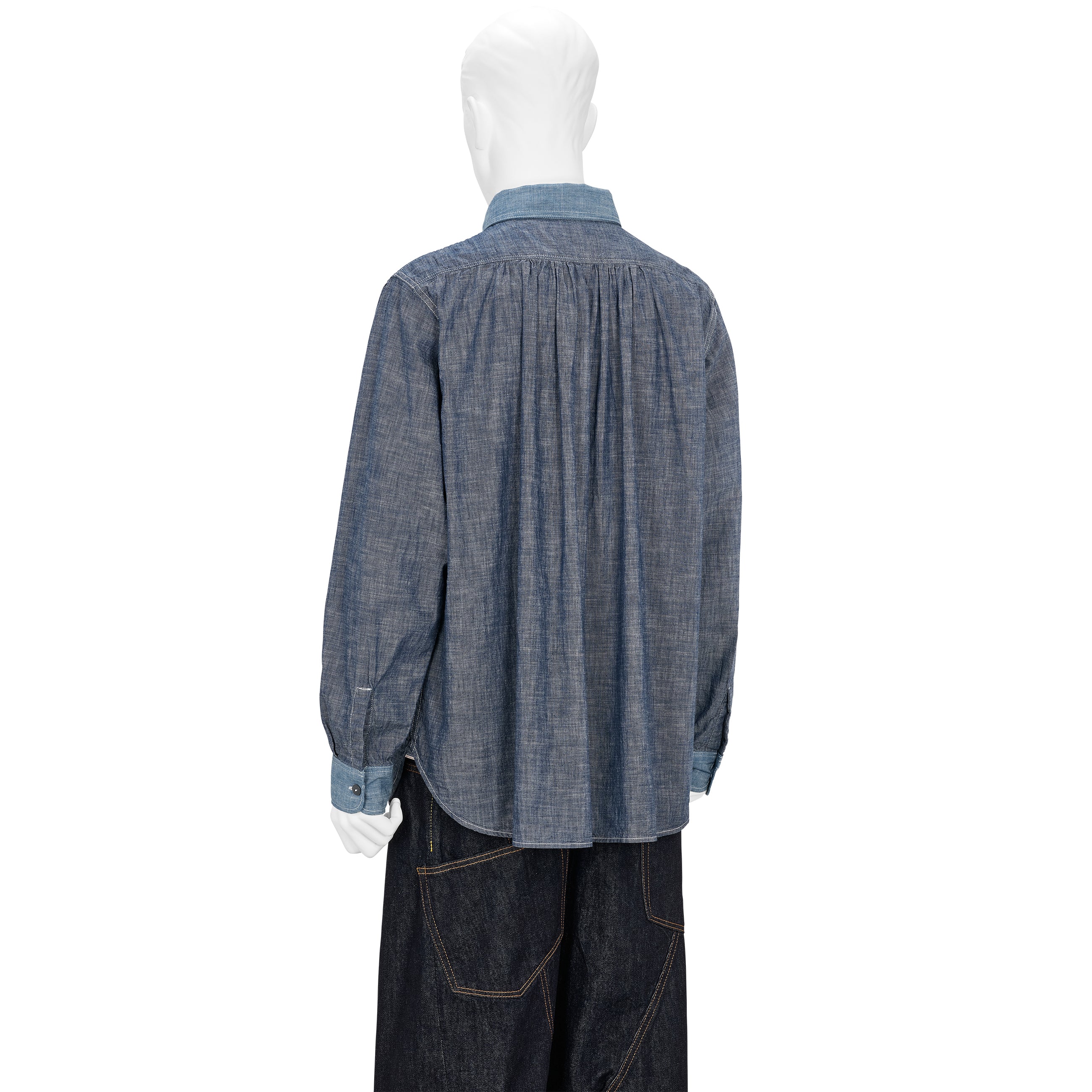 FULLCOUNT COLLABORATION WATTEAU GATHERED VENTILATED POCKET SHIRT LIGHT INDIGO