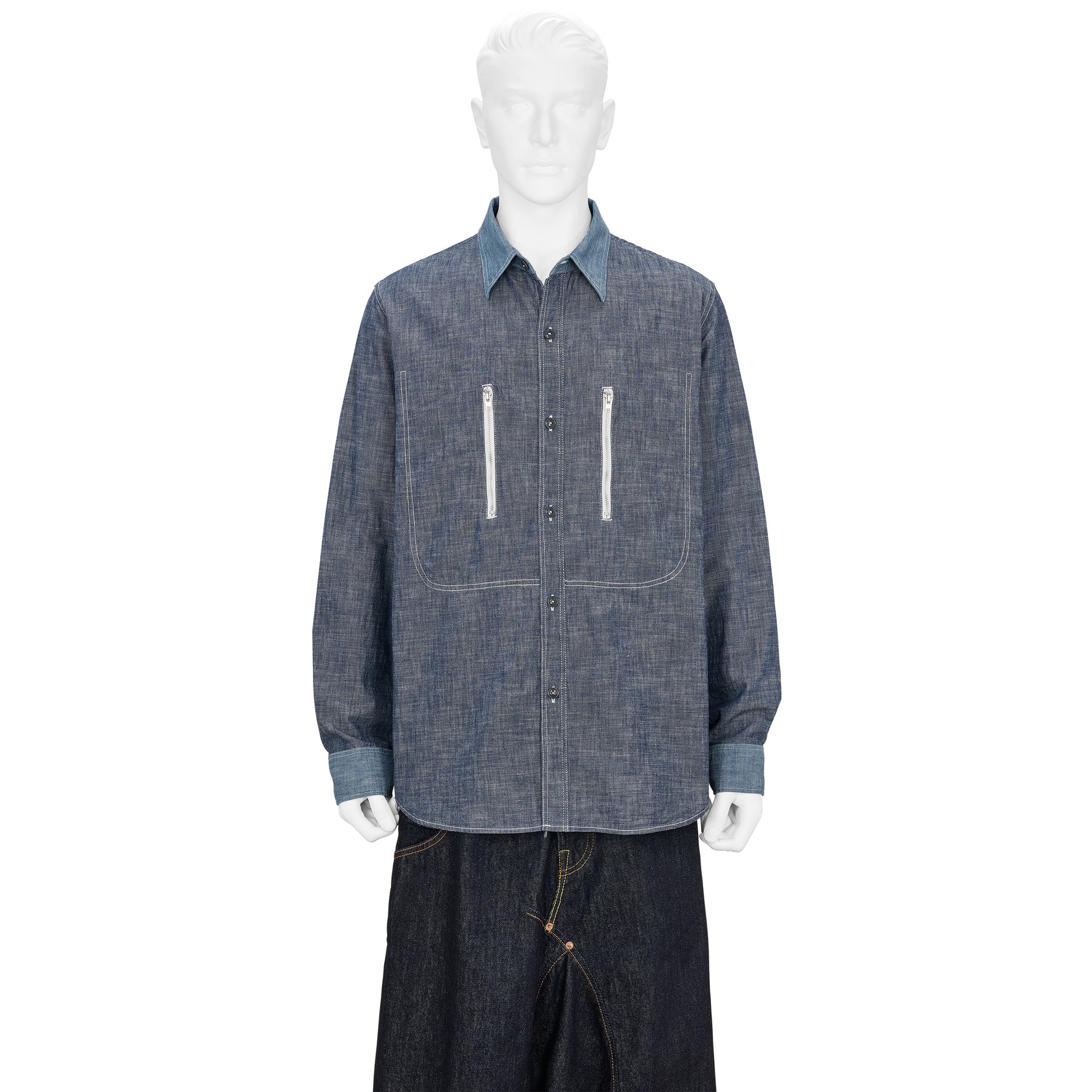 FULLCOUNT COLLABORATION WATTEAU GATHERED VENTILATED POCKET SHIRT LIGHT INDIGO