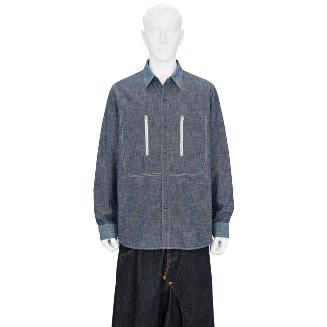 FULLCOUNT COLLABORATION WATTEAU GATHERED VENTILATED POCKET SHIRT LIGHT INDIGO