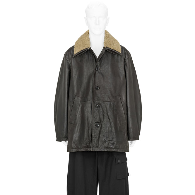 SHEARLING COLLAR LEATHER CAR COAT BROWN