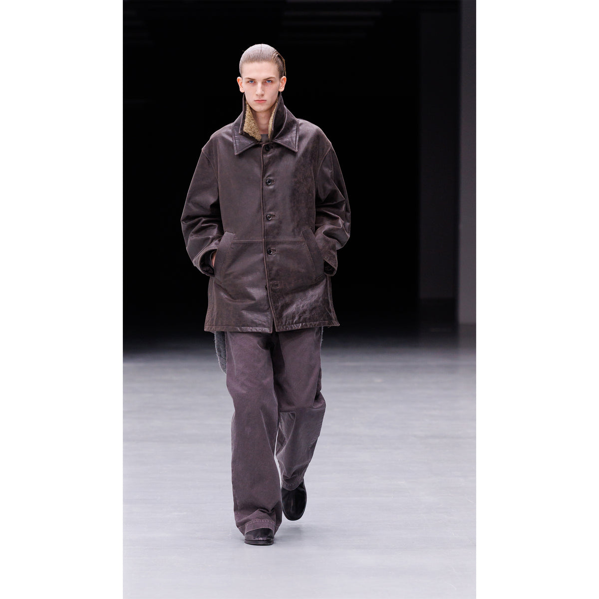 SHEARLING COLLAR LEATHER CAR COAT BROWN