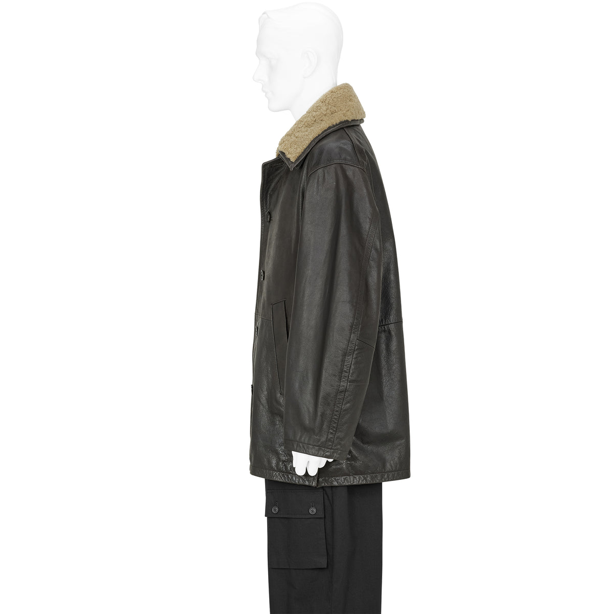 SHEARLING COLLAR LEATHER CAR COAT BROWN