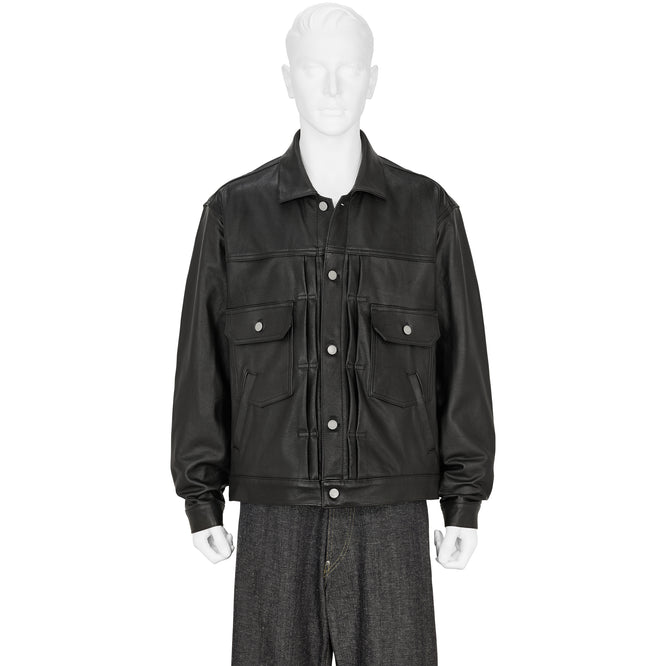 SHRINK COW LEATHER TRUCKER JACKET BLACK