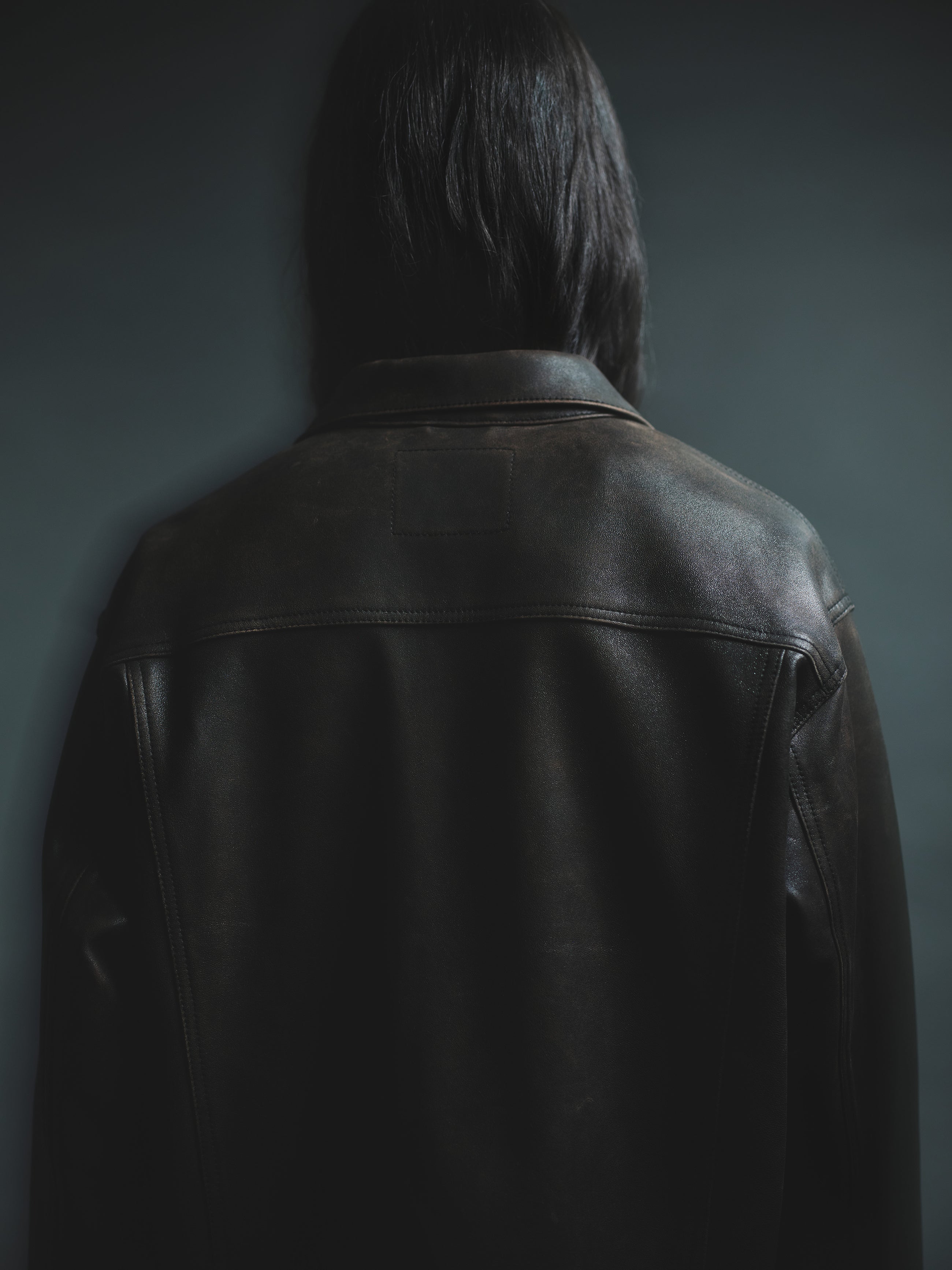 COLLABORATE CRACKED LEATHER DOCKING TRUCKER JACKET BROWN BLACK