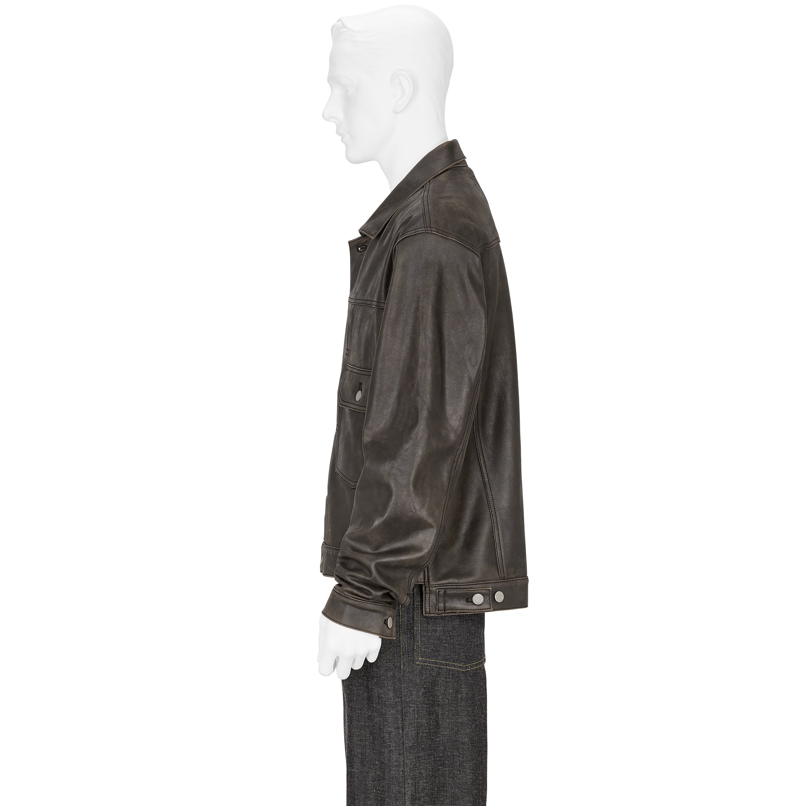 COLLABORATE CRACKED LEATHER DOCKING TRUCKER JACKET BROWN BLACK