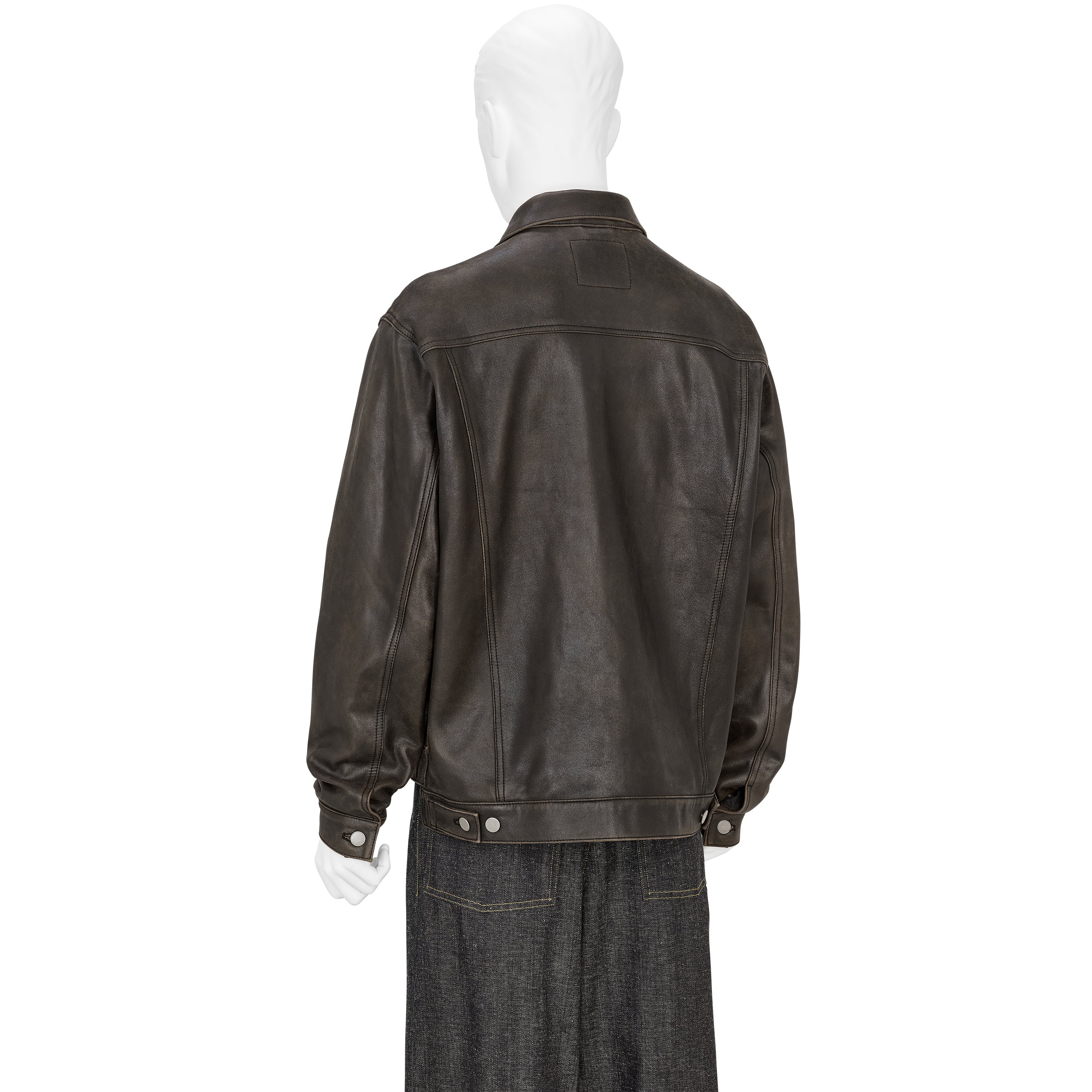 COLLABORATE CRACKED LEATHER DOCKING TRUCKER JACKET BROWN BLACK