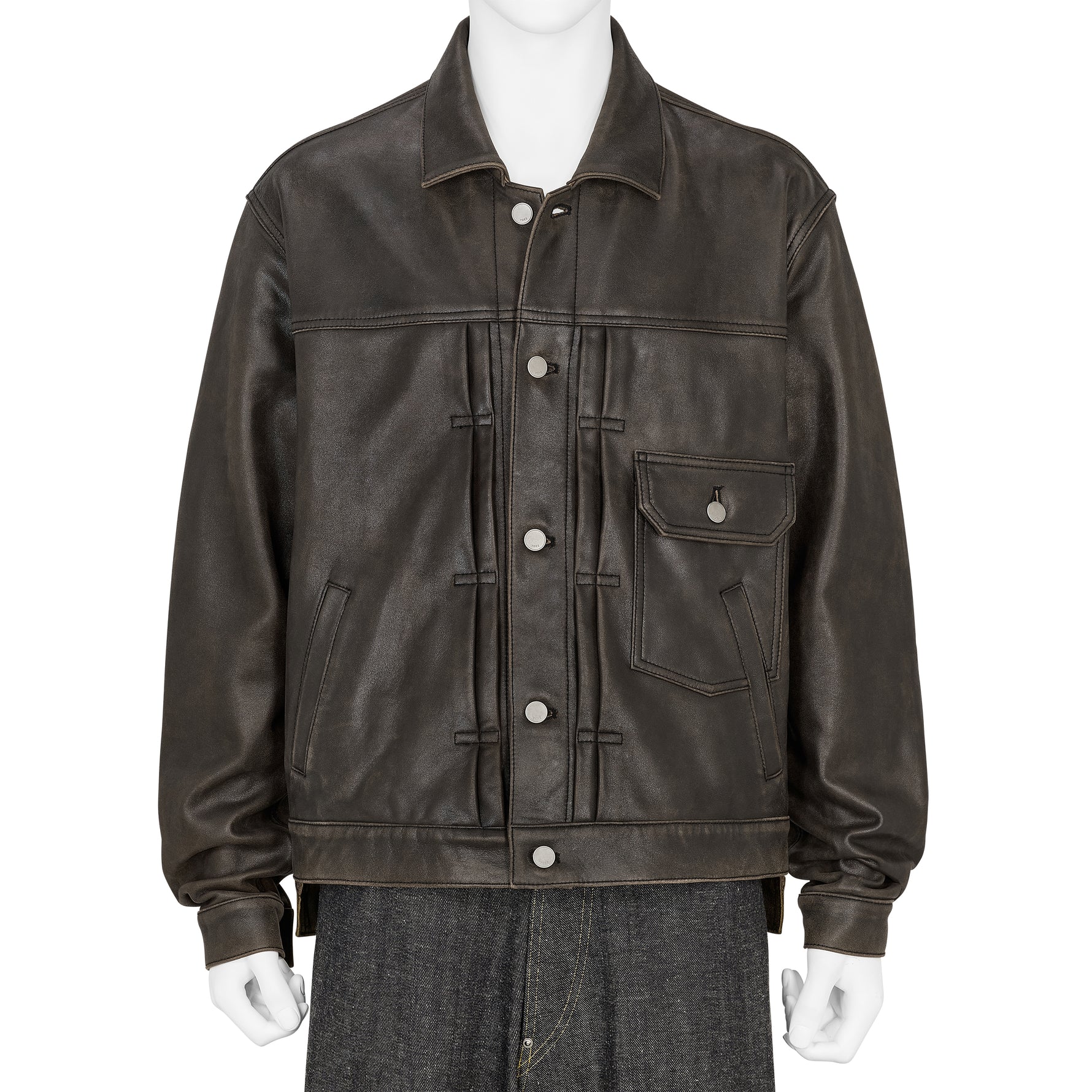COLLABORATE CRACKED LEATHER DOCKING TRUCKER JACKET BROWN BLACK