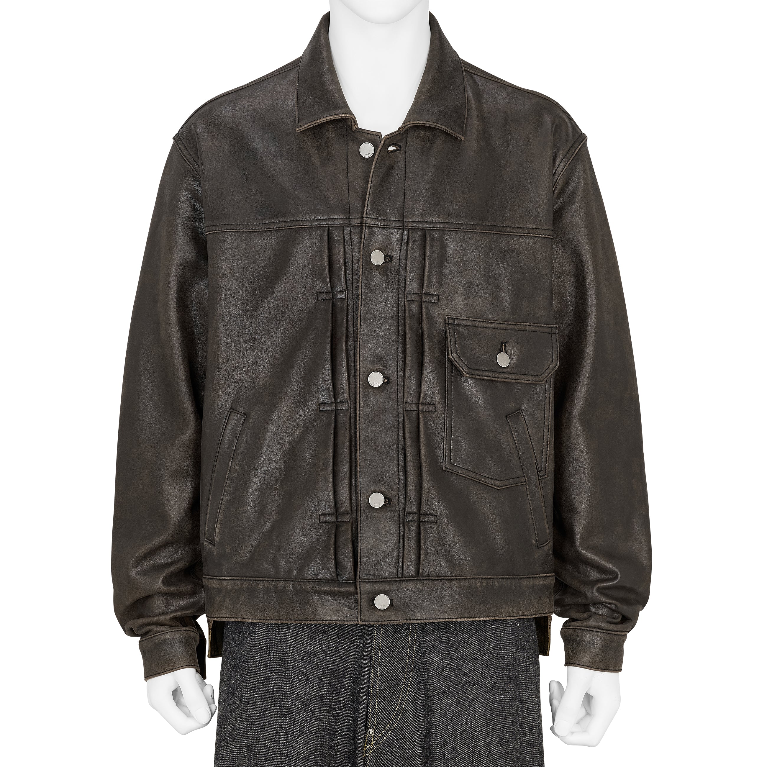 COLLABORATE CRACKED LEATHER DOCKING TRUCKER JACKET BROWN BLACK