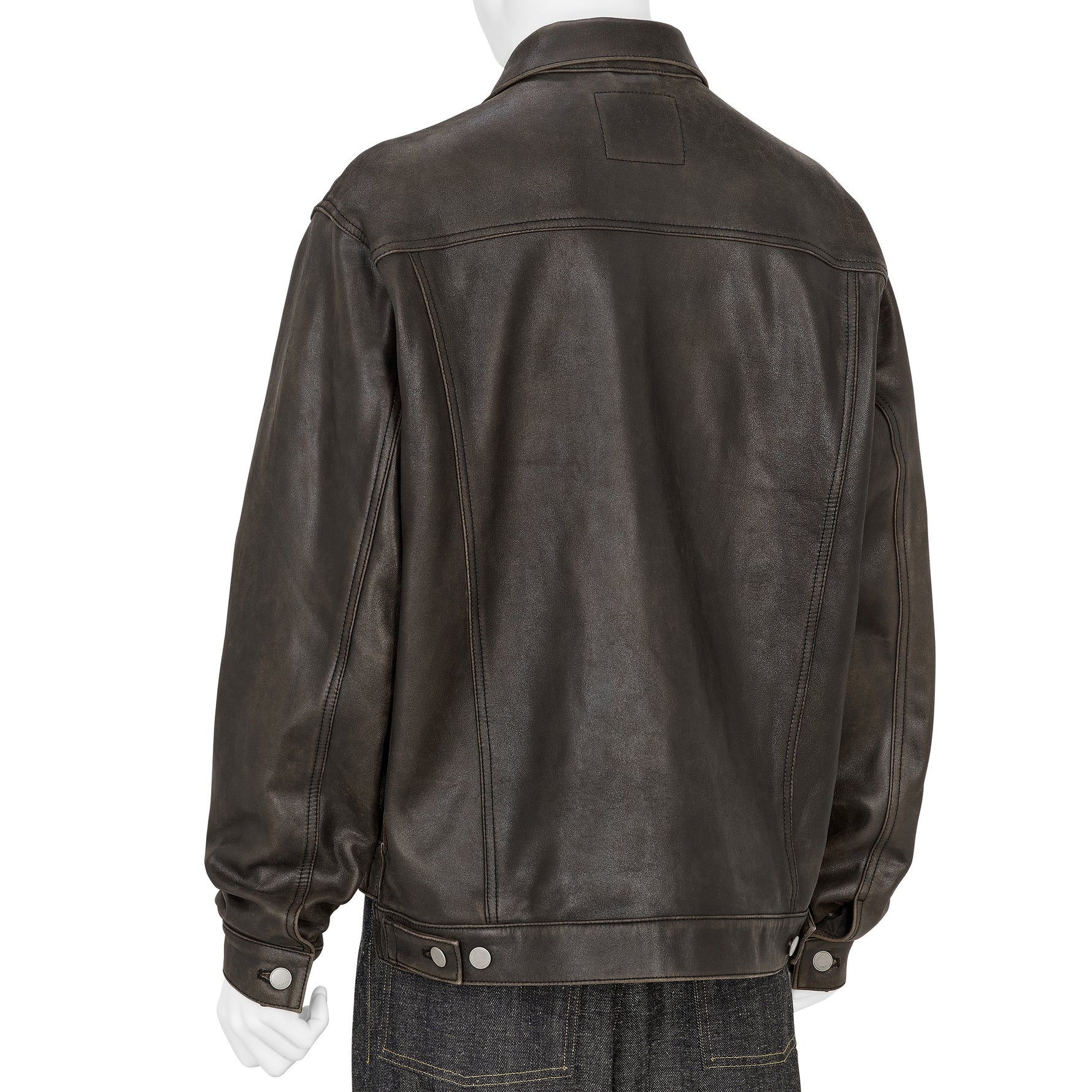 COLLABORATE CRACKED LEATHER DOCKING TRUCKER JACKET BROWN BLACK