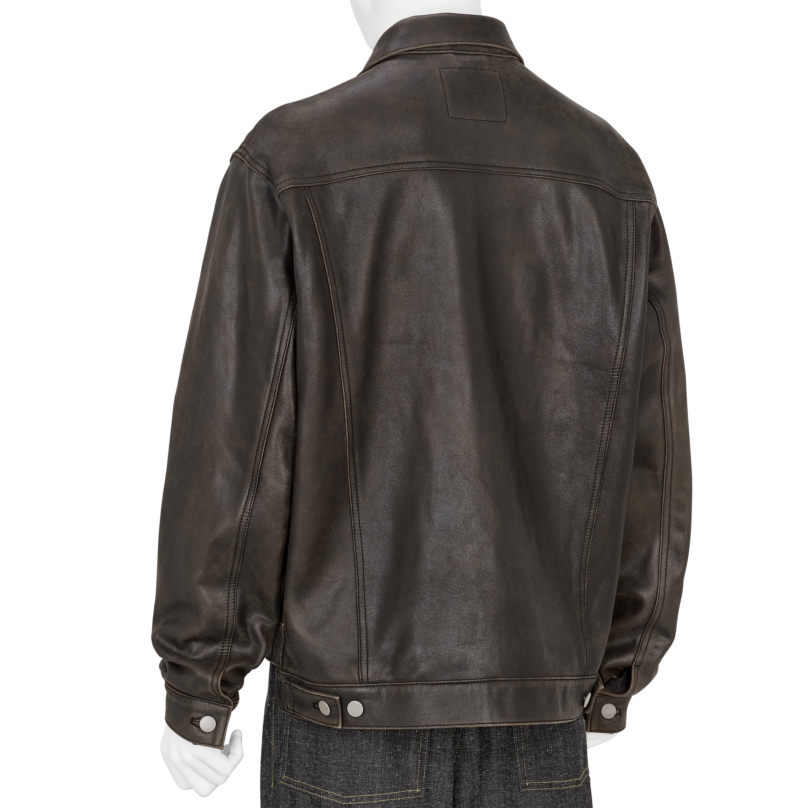 COLLABORATE CRACKED LEATHER DOCKING TRUCKER JACKET BROWN BLACK