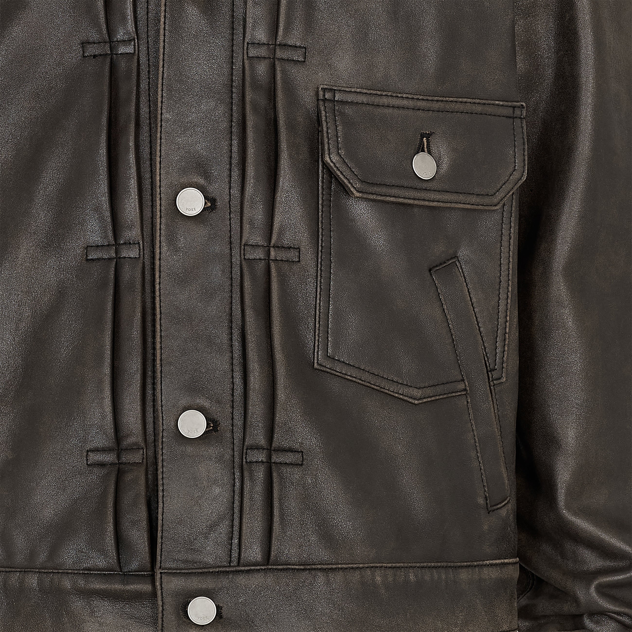COLLABORATE CRACKED LEATHER DOCKING TRUCKER JACKET BROWN BLACK