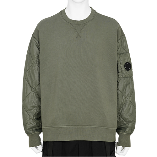 DIAGONAL RAISED FLEECE MIXED QUILTED CREW NECK OLIVE